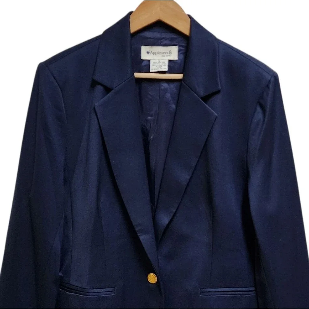 Appleseeds Navy 100% Wool Blazer Women Sz 18 Button Sheen Preppy Classic Vintage